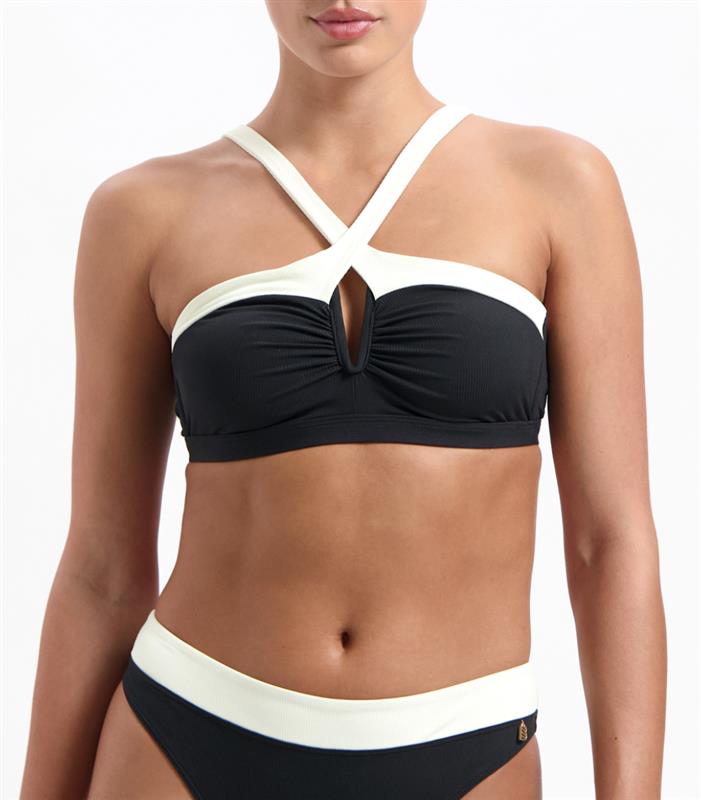 Vanilla and Black plunge bikini top 