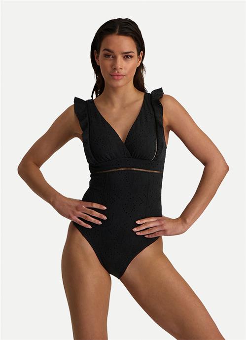 Black Embroidery ruched swimsuit 