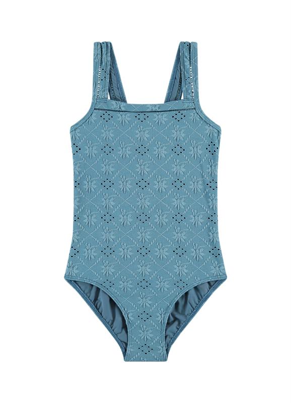 Blue Embroidery girls square swimsuit 