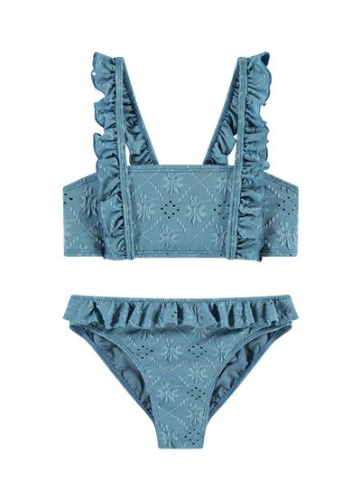 Blue Embroidery girls ruffle bikini set 