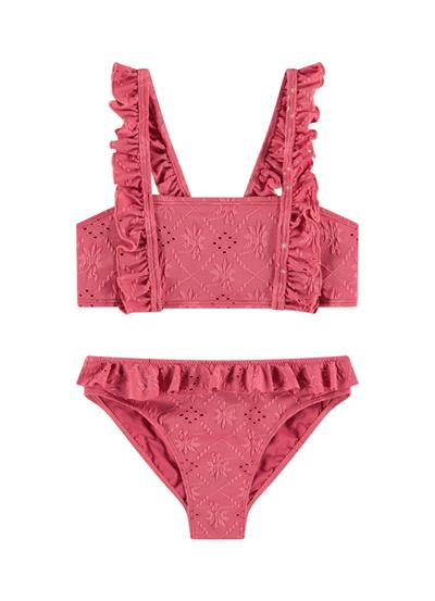 Pink Embroidery girls ruffle bikini set 
